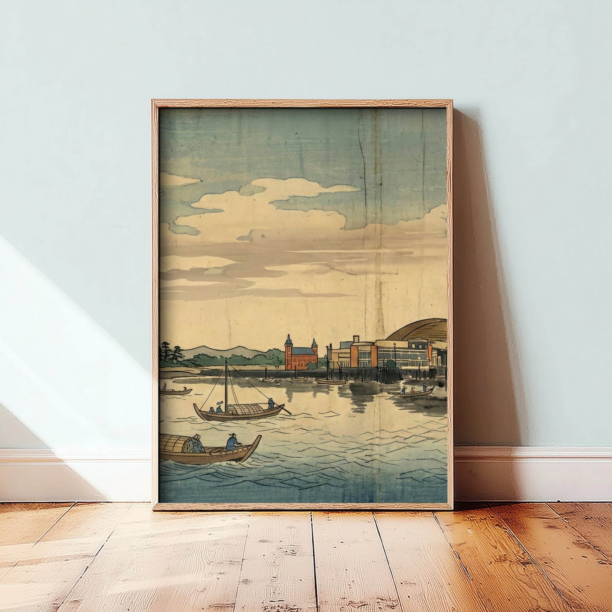 Cardiff Bay Travel Poster - Japanese Woodblock Art Print - Ukiyo-e Skyline Illustration - Welsh Cityscape Panel 1/3