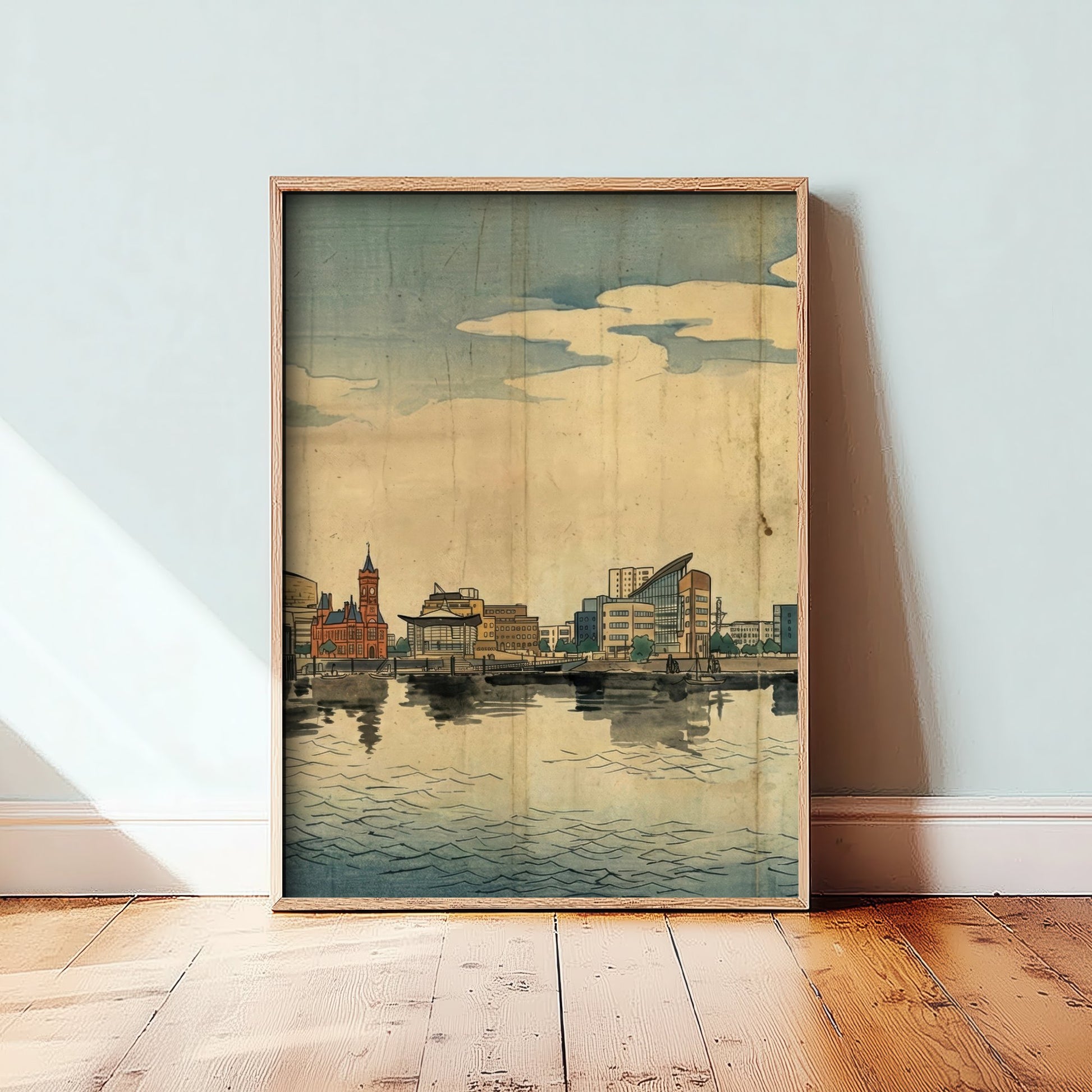 Cardiff Bay Travel Poster - Japanese Woodblock Art Print - Ukiyo-e Skyline Illustration - Pierhead Panel 2/3