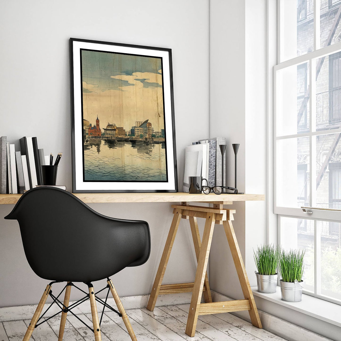 Cardiff Bay Travel Poster - Japanese Woodblock Art Print - Ukiyo-e Skyline Illustration - Pierhead Panel 2/3
