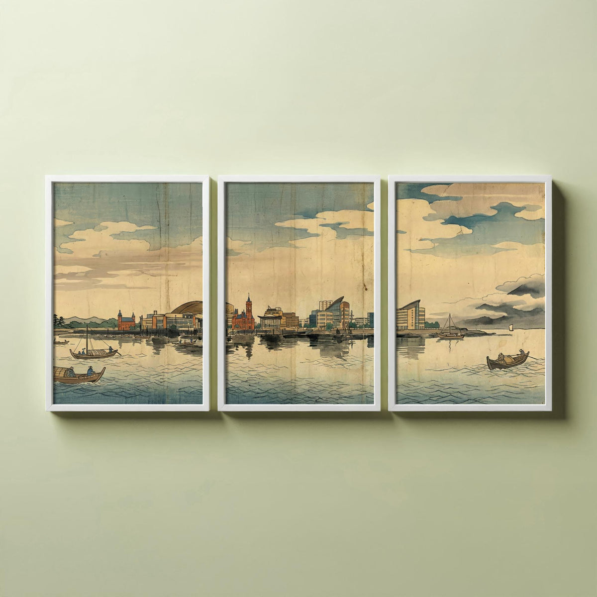 Cardiff Bay Set of Three Prints - 3 Japanese Woodblock Skyline Posters - Wales Watercolour Wall Art Gift Panorama Ukiyo-e Cityscape Decor