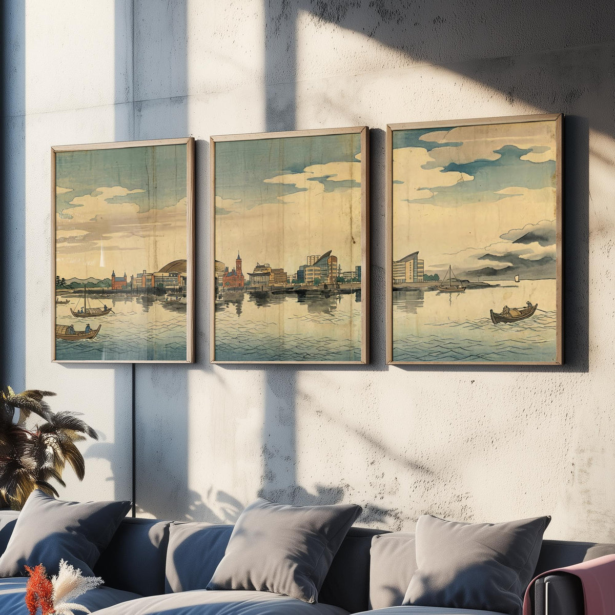 Cardiff Bay Set of Three Prints - 3 Japanese Woodblock Skyline Posters - Wales Watercolour Wall Art Gift Panorama Ukiyo-e Cityscape Decor