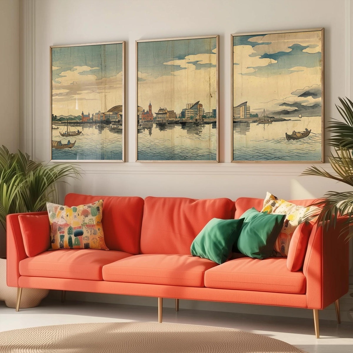 Cardiff Bay Set of Three Prints - 3 Japanese Woodblock Skyline Posters - Wales Watercolour Wall Art Gift Panorama Ukiyo-e Cityscape Decor