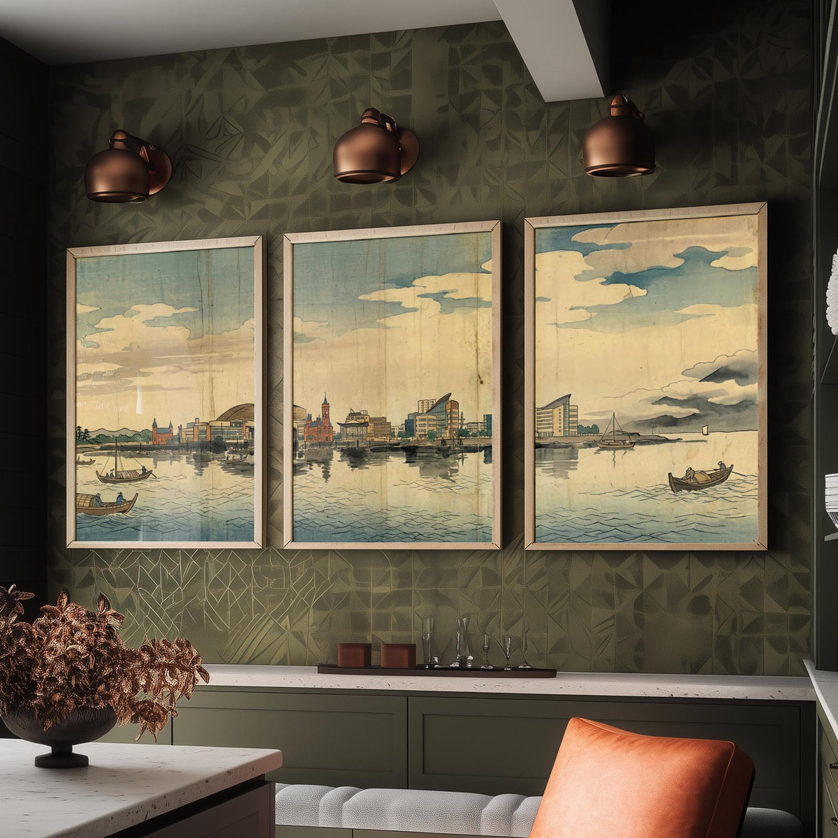 Cardiff Bay Set of Three Prints - 3 Japanese Woodblock Skyline Posters - Wales Watercolour Wall Art Gift Panorama Ukiyo-e Cityscape Decor