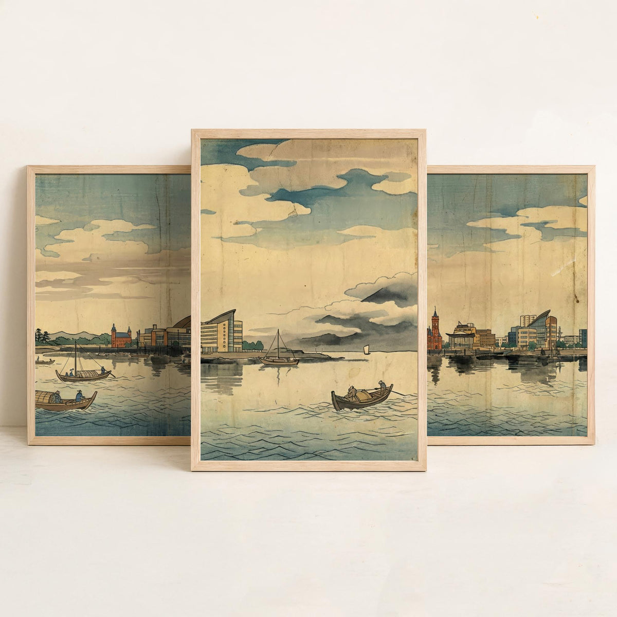 Cardiff Bay Set of Three Prints - 3 Japanese Woodblock Skyline Posters - Wales Watercolour Wall Art Gift Panorama Ukiyo-e Cityscape Decor