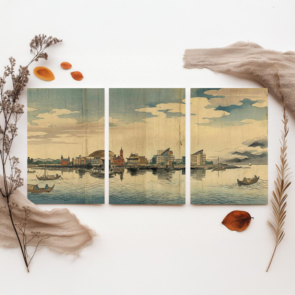 Cardiff Bay Set of Three Prints - 3 Japanese Woodblock Skyline Posters - Wales Watercolour Wall Art Gift Panorama Ukiyo-e Cityscape Decor