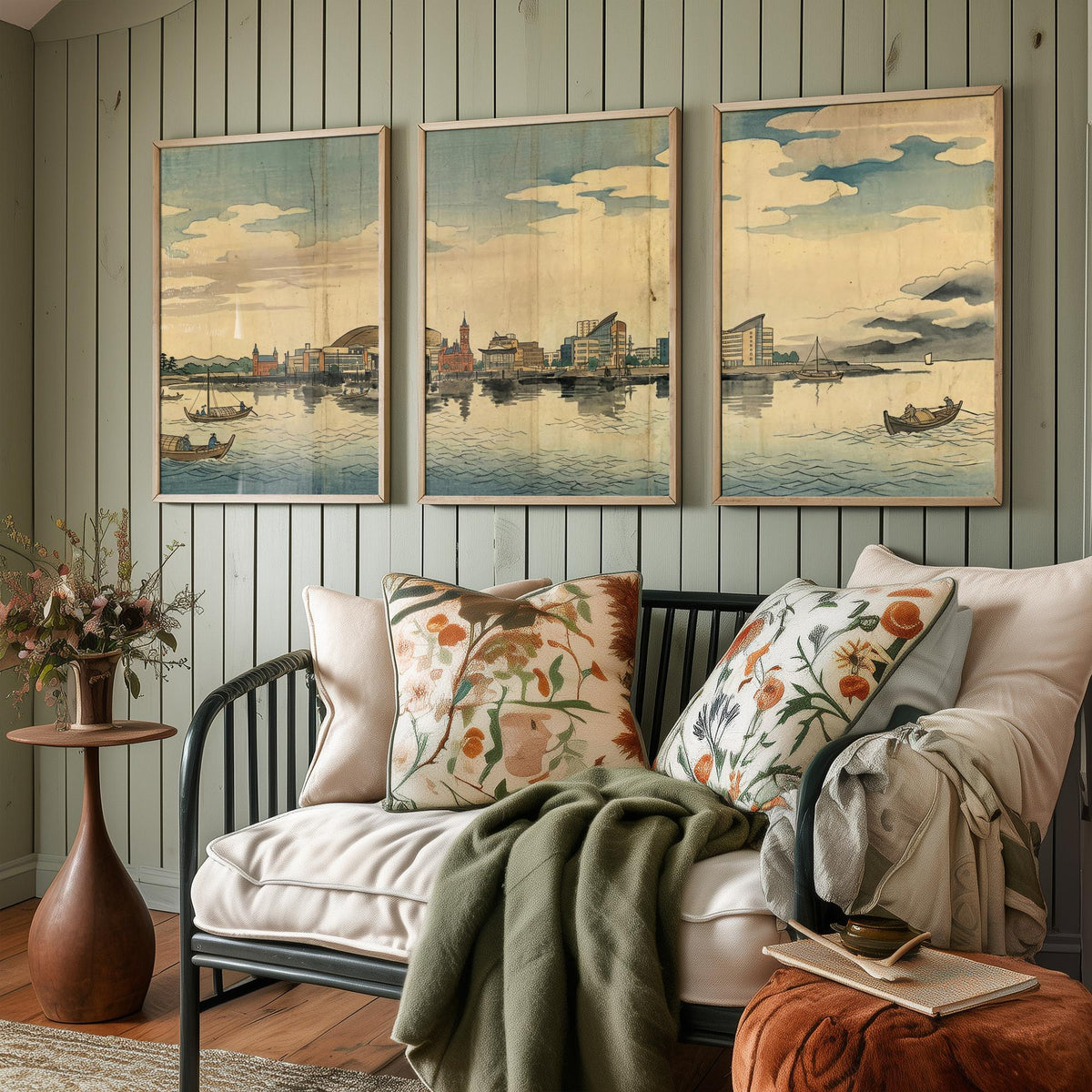 Cardiff Bay Set of Three Prints - 3 Japanese Woodblock Skyline Posters - Wales Watercolour Wall Art Gift Panorama Ukiyo-e Cityscape Decor
