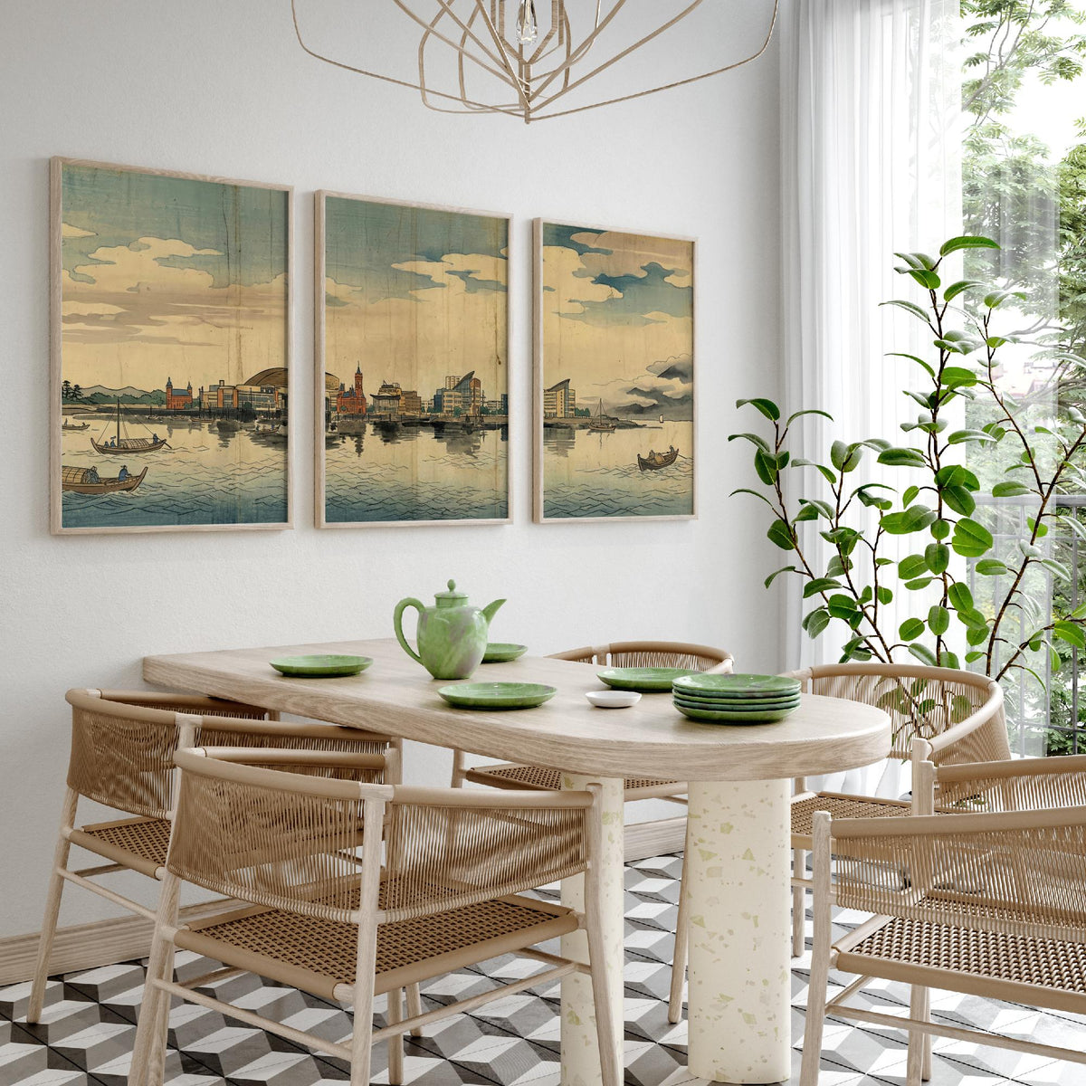 Cardiff Bay Set of Three Prints - 3 Japanese Woodblock Skyline Posters - Wales Watercolour Wall Art Gift Panorama Ukiyo-e Cityscape Decor