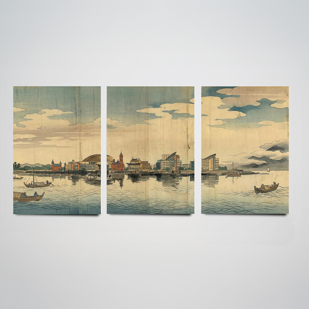 Cardiff Bay Set of Three Prints - 3 Japanese Woodblock Skyline Posters - Wales Watercolour Wall Art Gift Panorama Ukiyo-e Cityscape Decor
