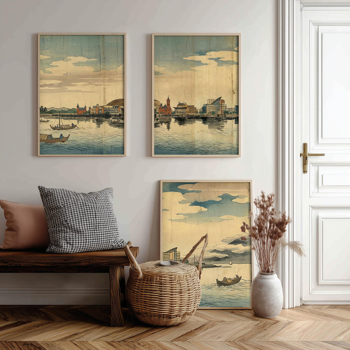 Cardiff Bay Set of Three Prints - 3 Japanese Woodblock Skyline Posters - Wales Watercolour Wall Art Gift Panorama Ukiyo-e Cityscape Decor
