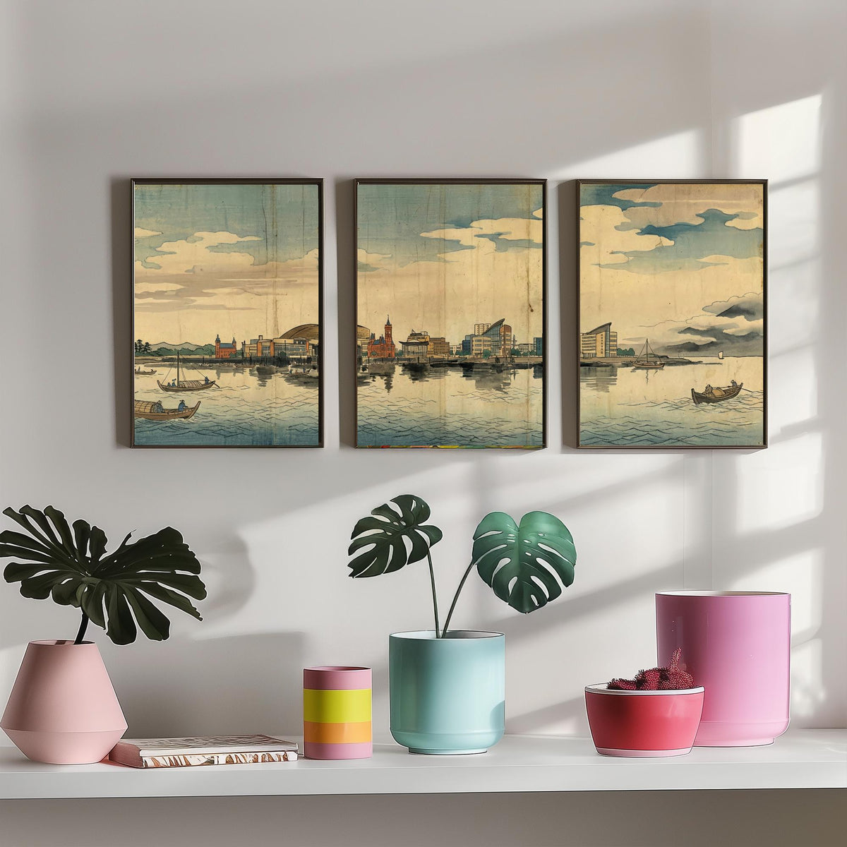Cardiff Bay Set of Three Prints - 3 Japanese Woodblock Skyline Posters - Wales Watercolour Wall Art Gift Panorama Ukiyo-e Cityscape Decor