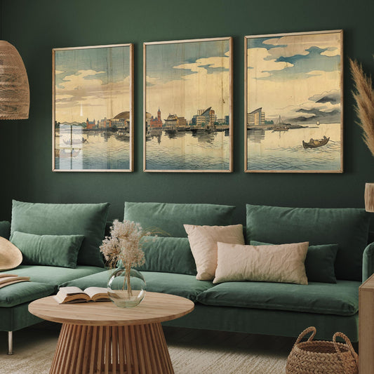 Cardiff Bay Set of Three Prints - 3 Japanese Woodblock Skyline Posters - Wales Watercolour Wall Art Gift Panorama Ukiyo-e Cityscape Decor