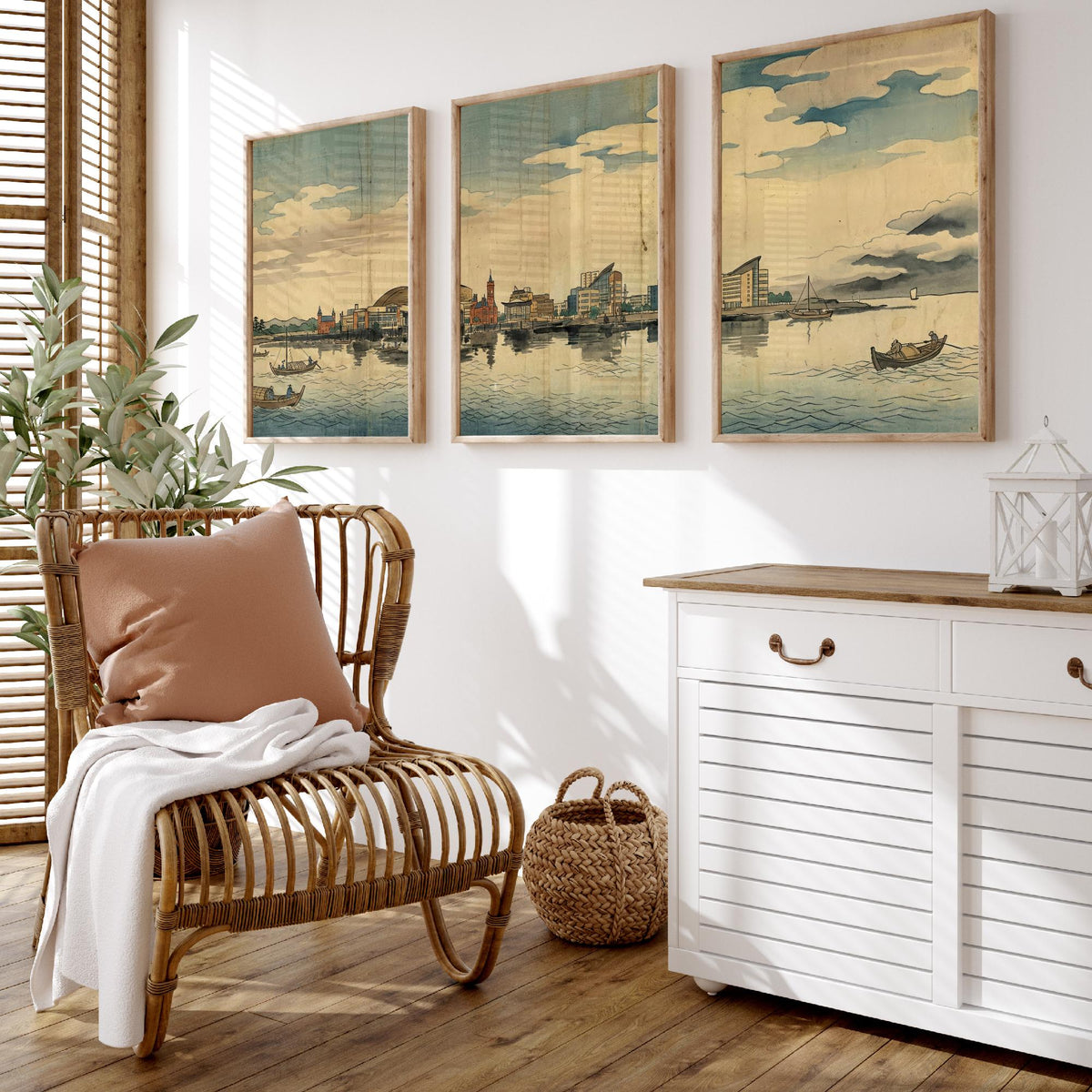 Cardiff Bay Set of Three Prints - 3 Japanese Woodblock Skyline Posters - Wales Watercolour Wall Art Gift Panorama Ukiyo-e Cityscape Decor