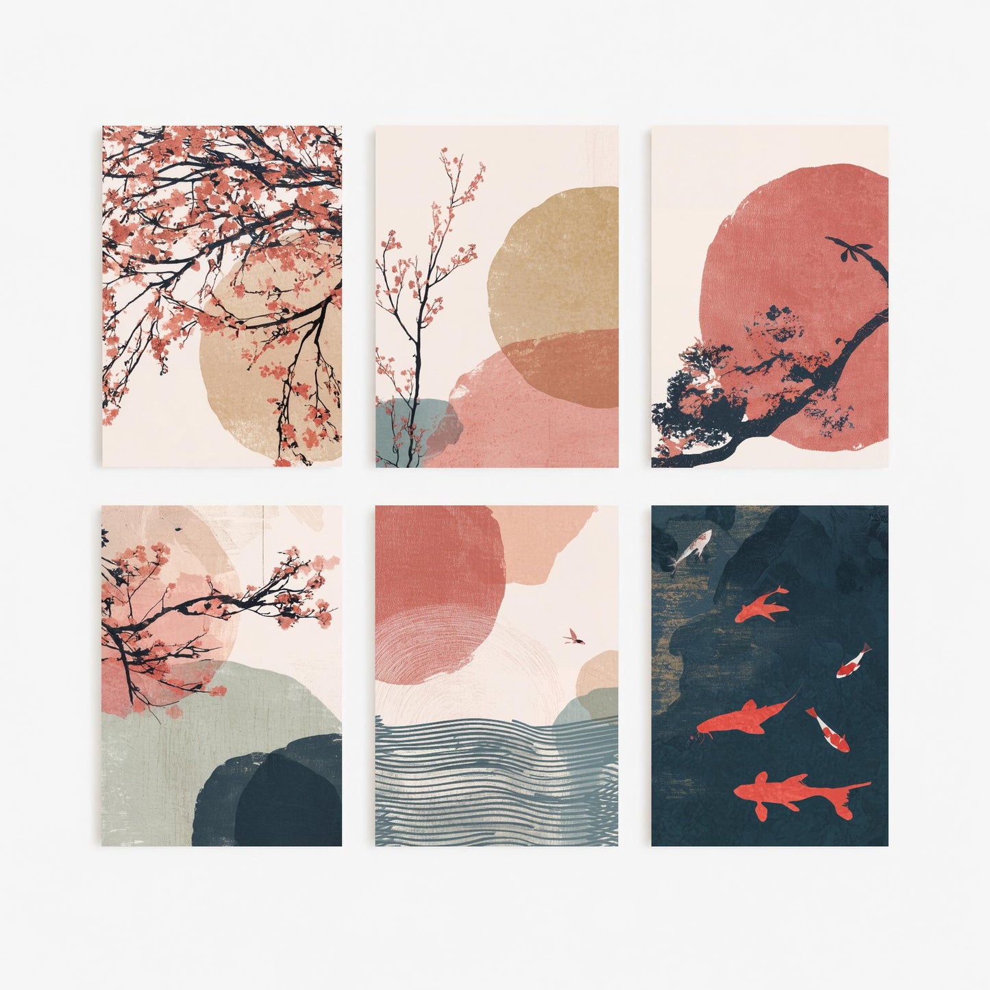 Set of Six Japandi Cherry Blossom Art Prints - 6 Minimalist Japanese Paintings - Koi Fish, Red Sun, Ocean Waves, Sakura - Pink Teal Poster