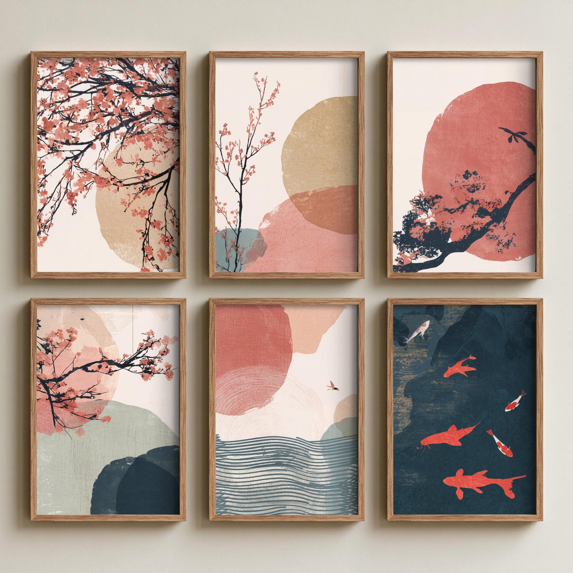Set of Six Japandi Cherry Blossom Art Prints - 6 Minimalist Japanese Paintings - Koi Fish, Red Sun, Ocean Waves, Sakura - Pink Teal Poster