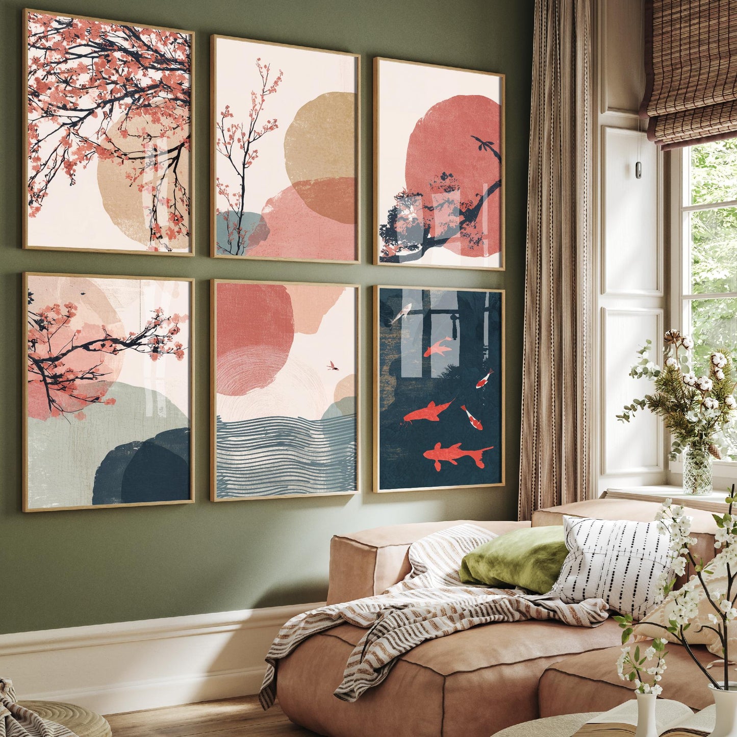 Set of Six Japandi Cherry Blossom Art Prints - 6 Minimalist Japanese Paintings - Koi Fish, Red Sun, Ocean Waves, Sakura - Pink Teal Poster