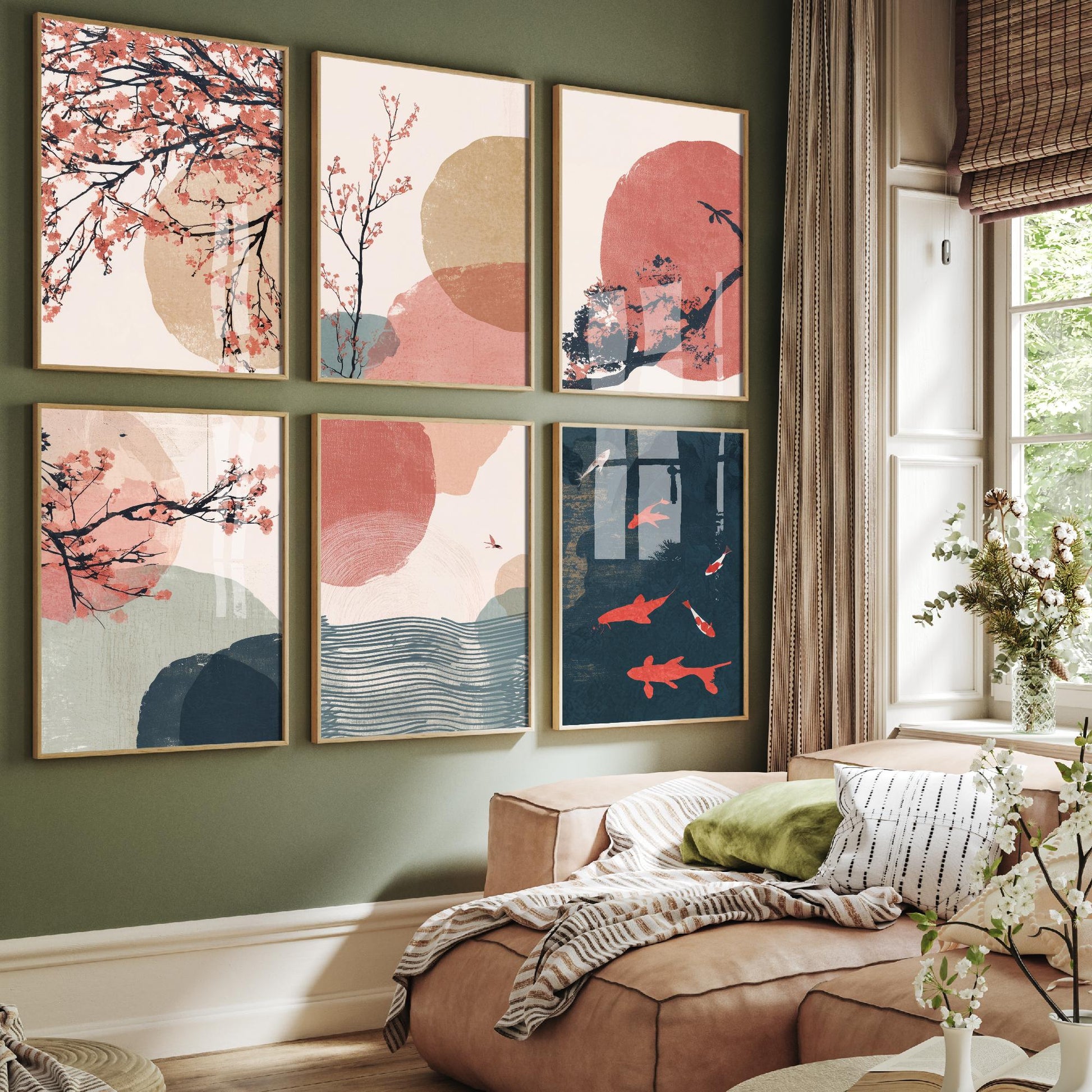 Set of Six Japandi Cherry Blossom Art Prints - 6 Minimalist Japanese Paintings - Koi Fish, Red Sun, Ocean Waves, Sakura - Pink Teal Poster