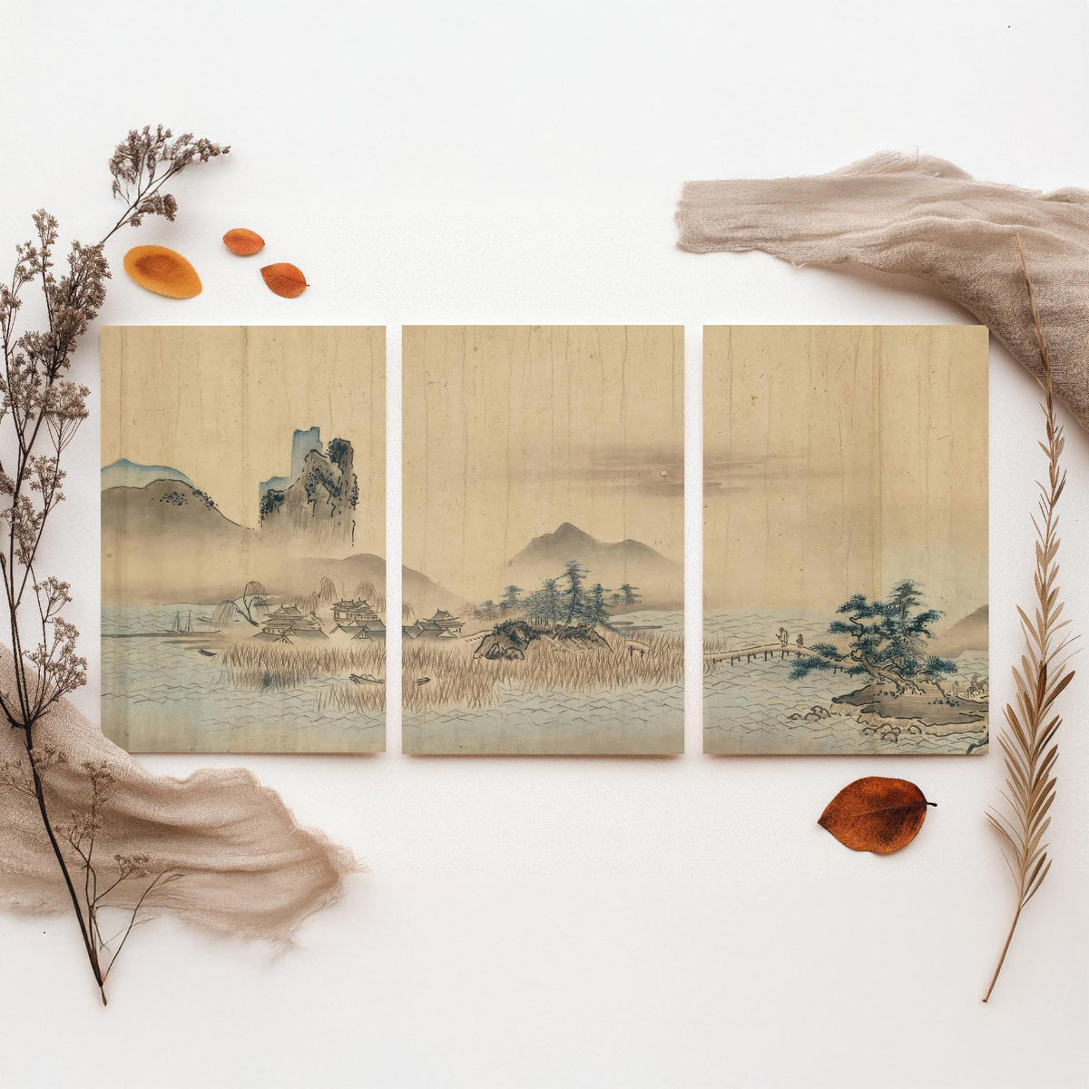 Japanese Landscape Set of Three Art Prints - 3 Sumi-e Ink Painting Posters - Mountain Wall Art Gift Zen Panorama Asian Watercolour Decor