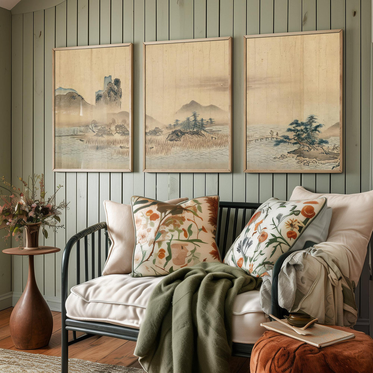 Japanese Landscape Set of Three Art Prints - 3 Sumi-e Ink Painting Posters - Mountain Wall Art Gift Zen Panorama Asian Watercolour Decor