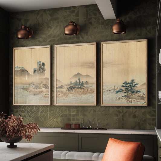 Japanese Landscape Set of Three Art Prints - 3 Sumi-e Ink Painting Posters - Mountain Wall Art Gift Zen Panorama Asian Watercolour Decor