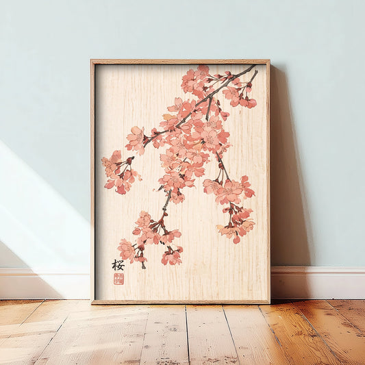 Cherry Blossom Art Print - Japanese Woodblock Style Poster - Pink Weeping Sakura Branch V1 1/3