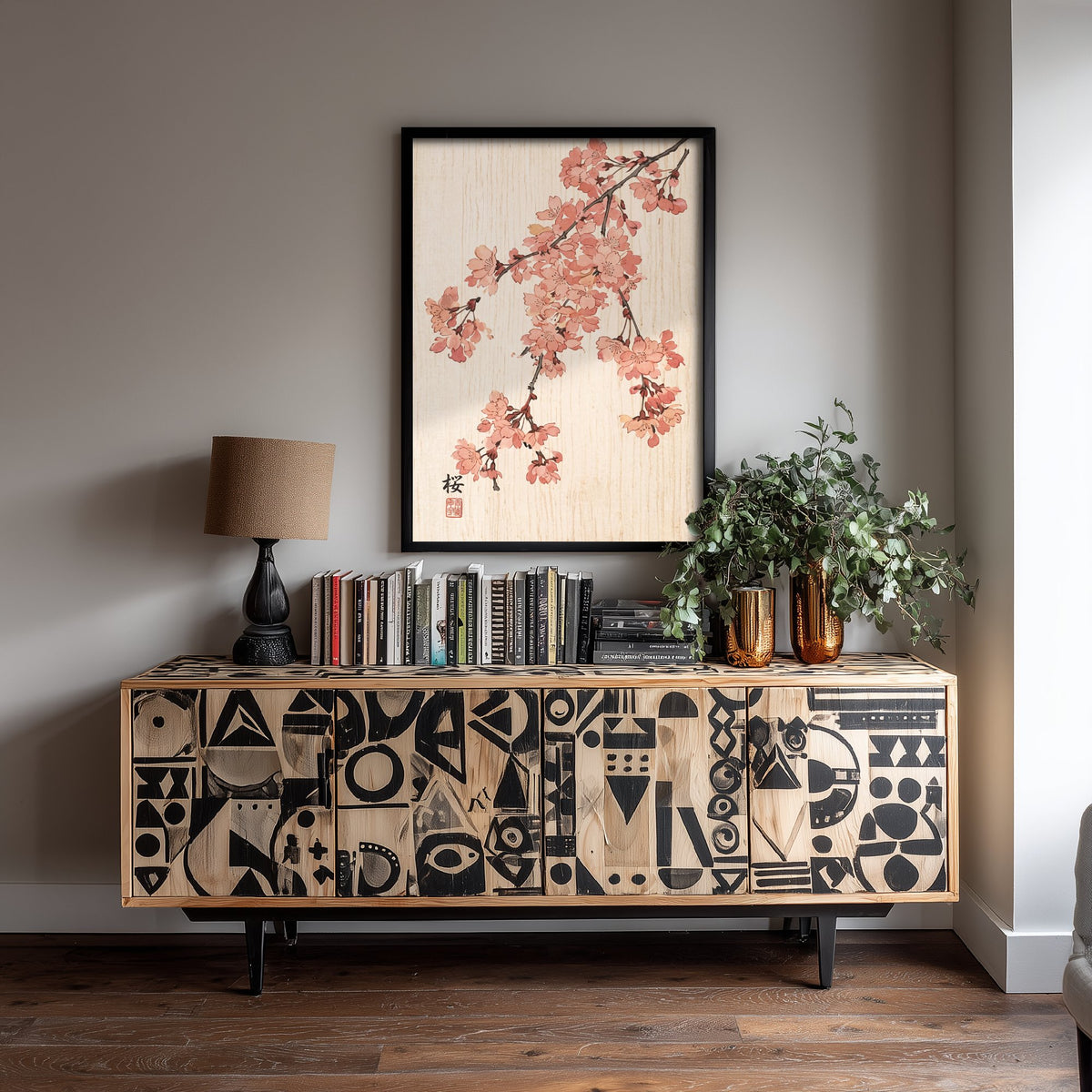 Cherry Blossom Art Print - Japanese Woodblock Style Poster - Pink Weeping Sakura Branch V1 1/3
