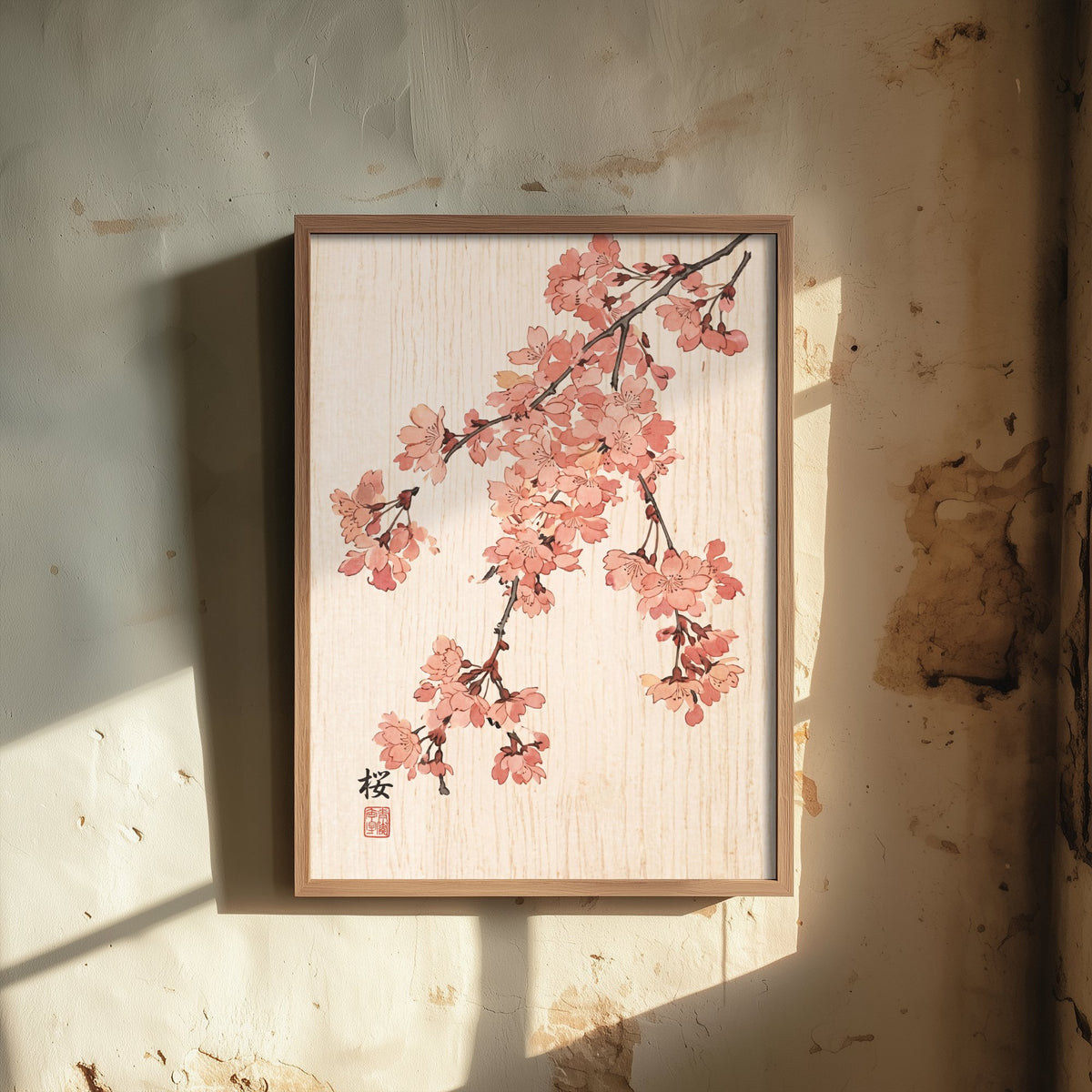 Cherry Blossom Art Print - Japanese Woodblock Style Poster - Pink Weeping Sakura Branch V1 1/3