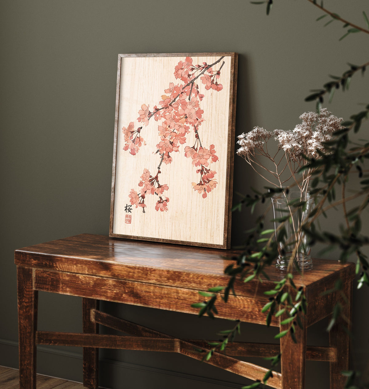 Cherry Blossom Art Print - Japanese Woodblock Style Poster - Pink Weeping Sakura Branch V1 1/3