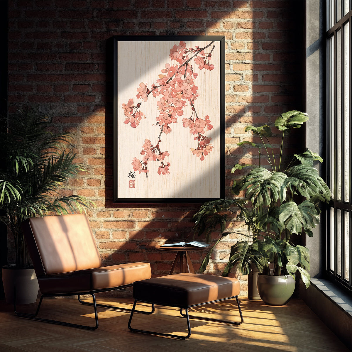 Cherry Blossom Art Print - Japanese Woodblock Style Poster - Pink Weeping Sakura Branch V1 1/3