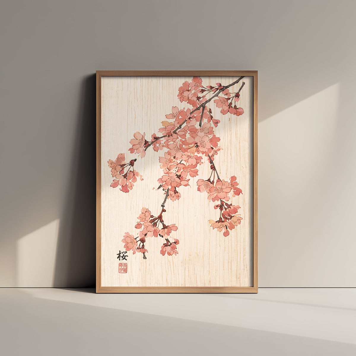 Cherry Blossom Art Print - Japanese Woodblock Style Poster - Pink Weeping Sakura Branch V1 1/3