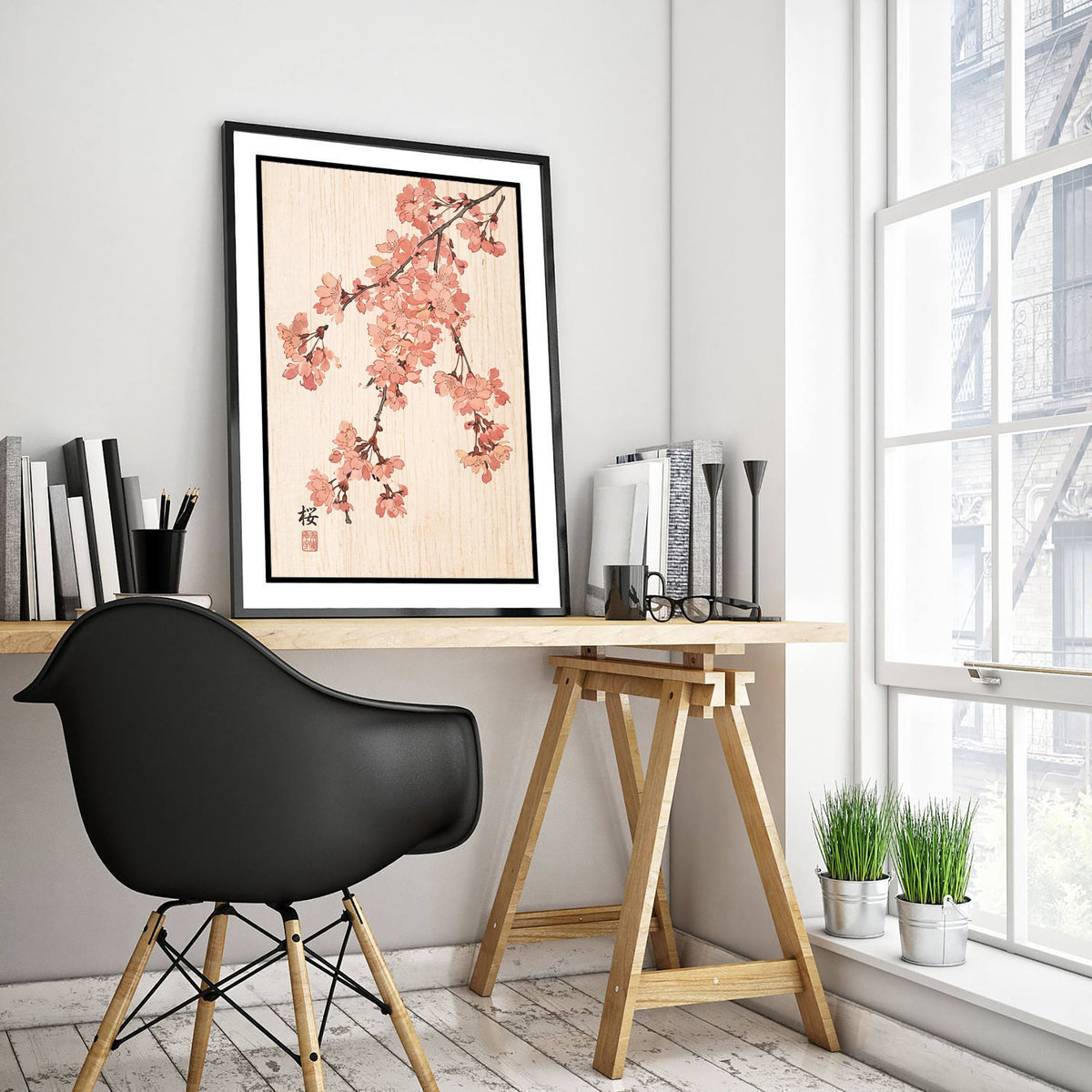 Cherry Blossom Art Print - Japanese Woodblock Style Poster - Pink Weeping Sakura Branch V1 1/3