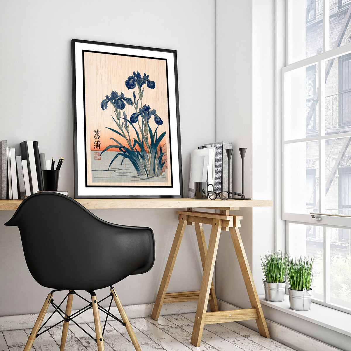 Iris Flower Art Print - Japanese Woodblock Style Poster - Indigo Blue Irises by Water at Sunset V1 2/3