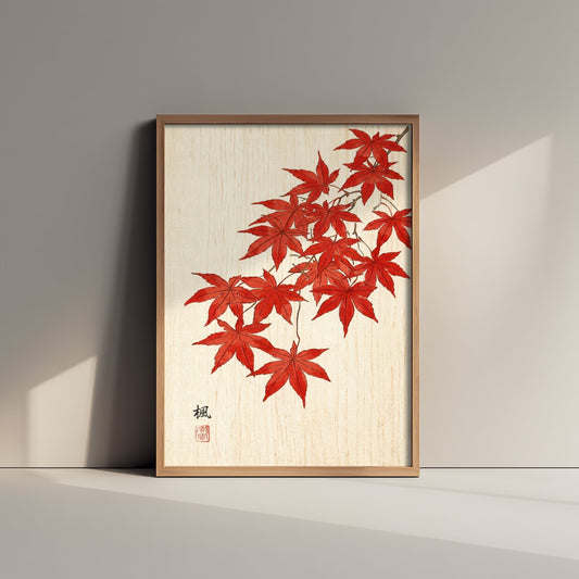 Red Maple Leaves Art Print - Japanese Woodblock Style Poster - Autumn Momiji Branch V1 3/3