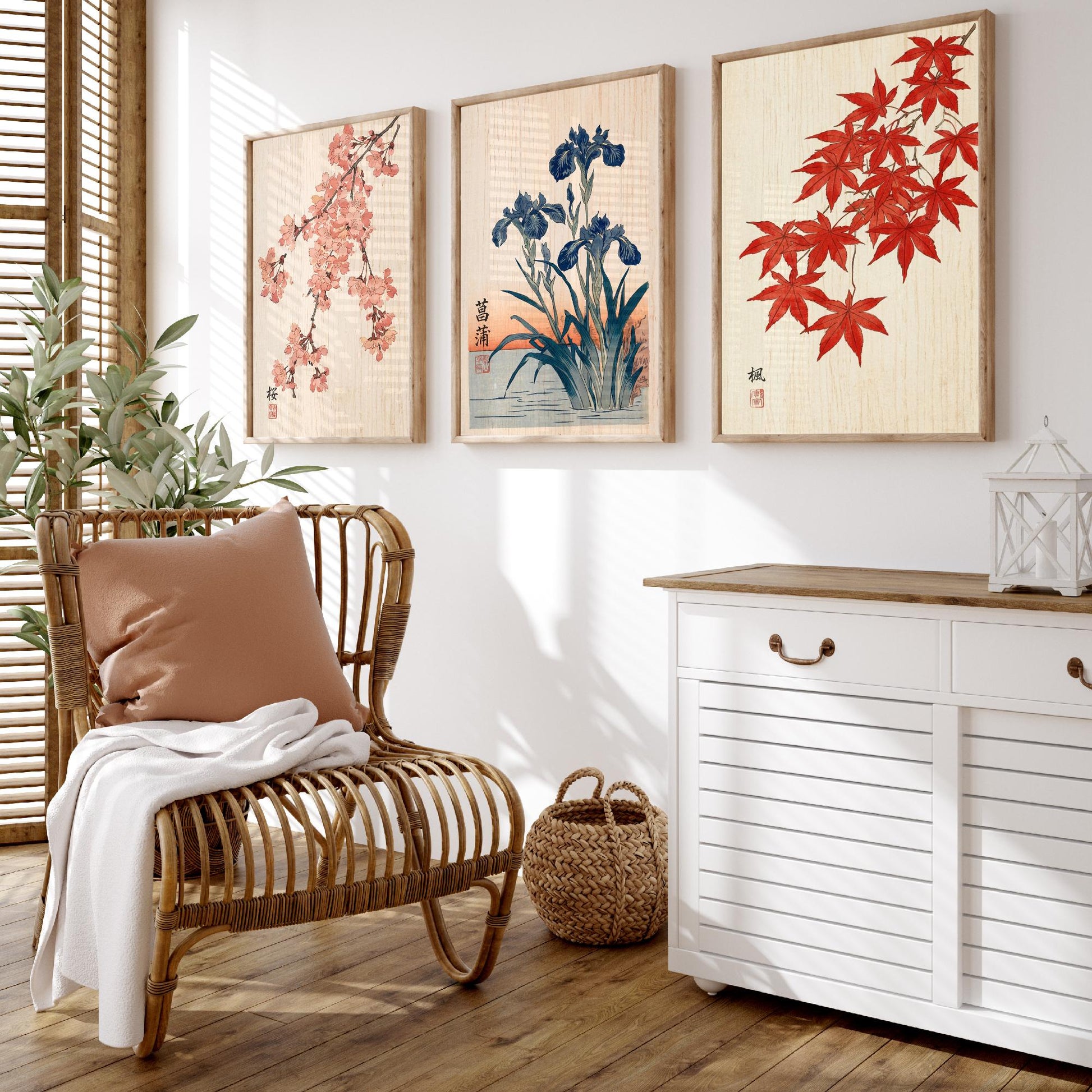 Japanese Botanical Set of Three Art Prints - Cherry Blossom, Iris, Red Maple - Woodblock Style Posters - Japandi Wall Decor V1