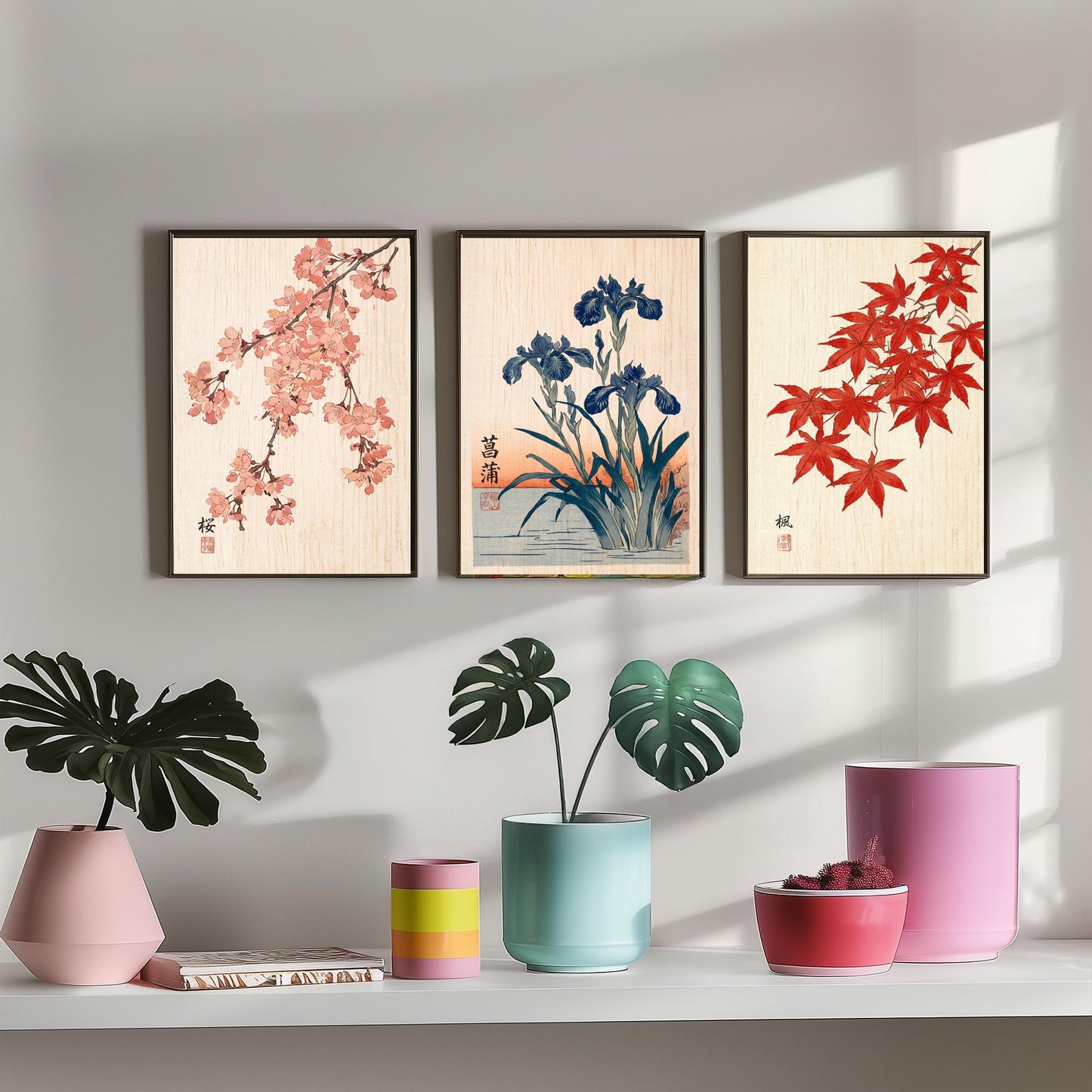 Japanese Botanical Set of Three Art Prints - Cherry Blossom, Iris, Red Maple - Woodblock Style Posters - Japandi Wall Decor V1