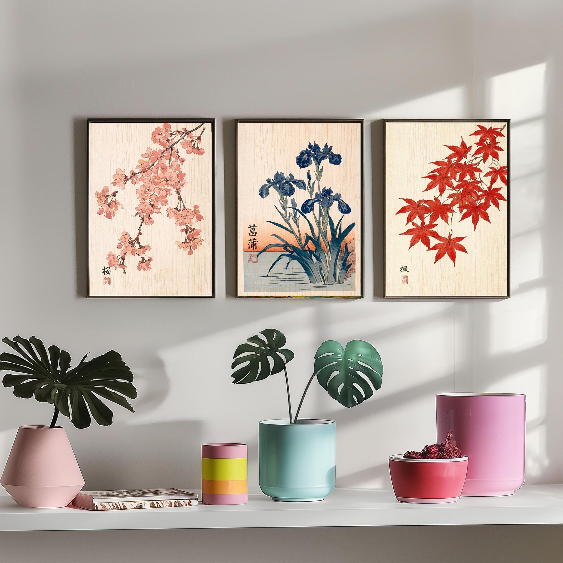Japanese Botanical Set of Three Art Prints - Cherry Blossom, Iris, Red Maple - Woodblock Style Posters - Japandi Wall Decor V1