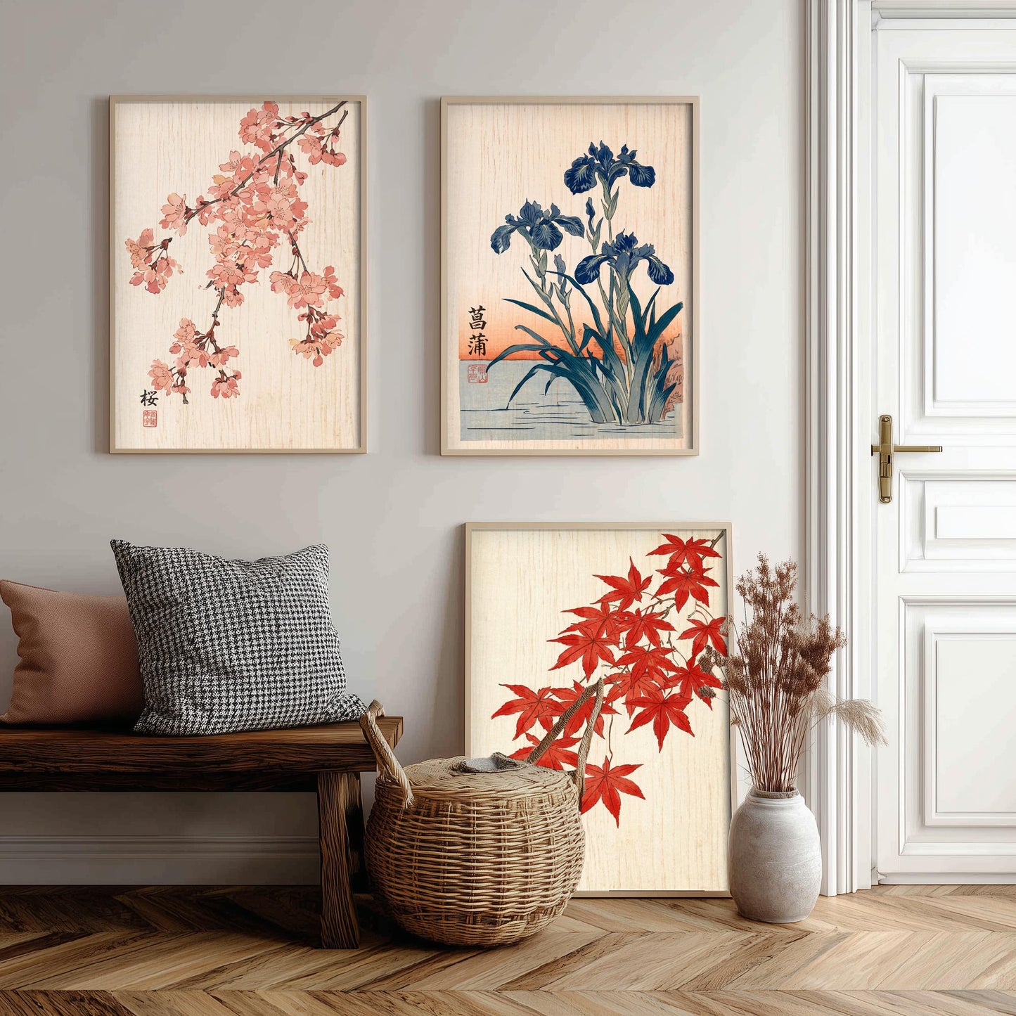 Japanese Botanical Set of Three Art Prints - Cherry Blossom, Iris, Red Maple - Woodblock Style Posters - Japandi Wall Decor V1
