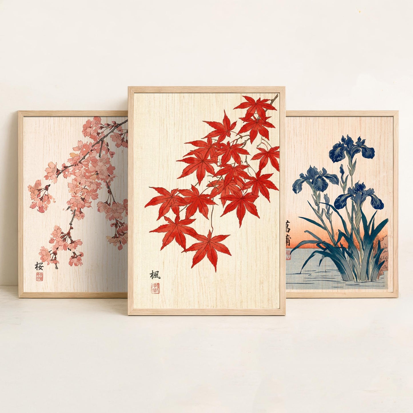 Japanese Botanical Set of Three Art Prints - Cherry Blossom, Iris, Red Maple - Woodblock Style Posters - Japandi Wall Decor V1