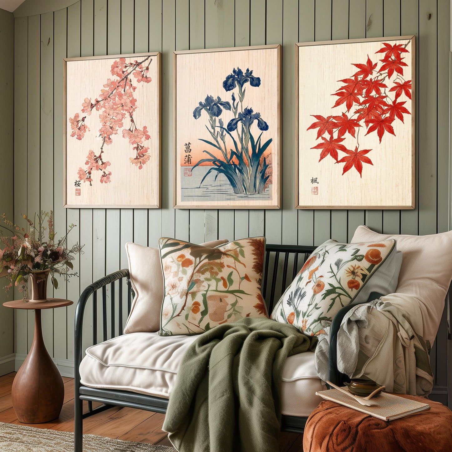 Japanese Botanical Set of Three Art Prints - Cherry Blossom, Iris, Red Maple - Woodblock Style Posters - Japandi Wall Decor V1