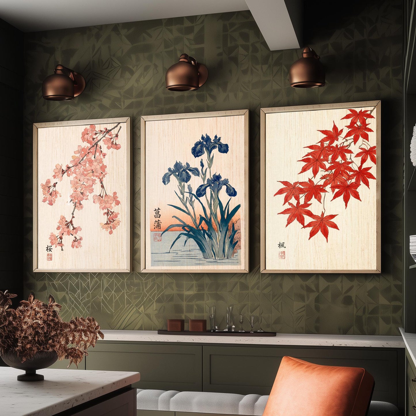 Japanese Botanical Set of Three Art Prints - Cherry Blossom, Iris, Red Maple - Woodblock Style Posters - Japandi Wall Decor V1