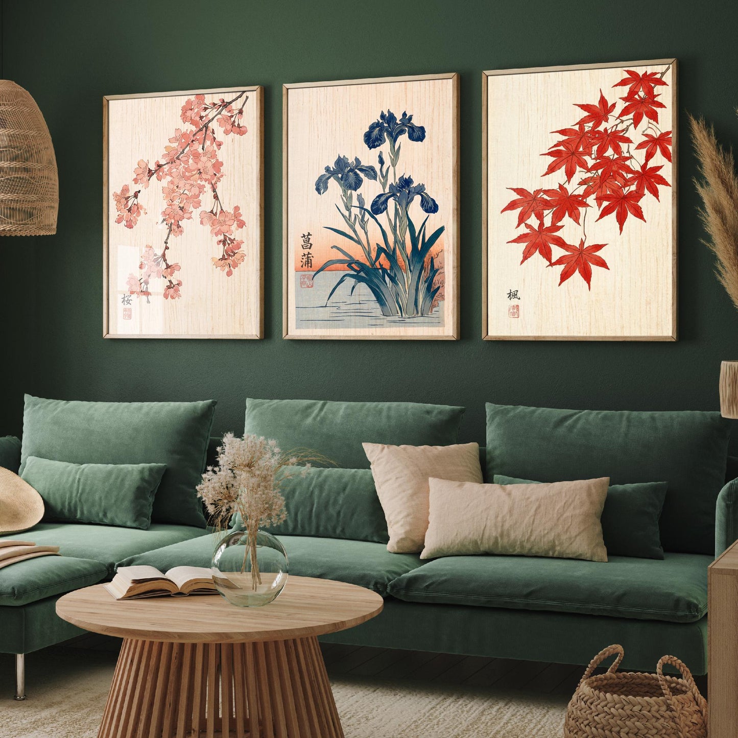 Japanese Botanical Set of Three Art Prints - Cherry Blossom, Iris, Red Maple - Woodblock Style Posters - Japandi Wall Decor V1