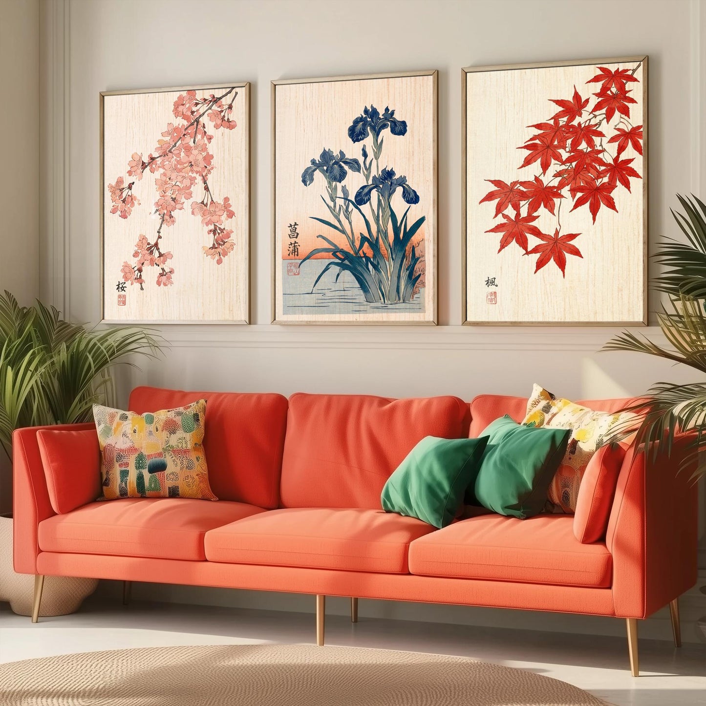 Japanese Botanical Set of Three Art Prints - Cherry Blossom, Iris, Red Maple - Woodblock Style Posters - Japandi Wall Decor V1