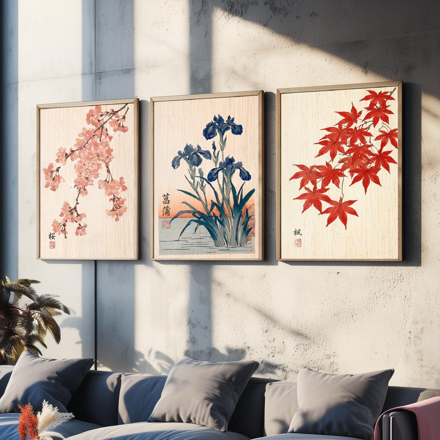 Japanese Botanical Set of Three Art Prints - Cherry Blossom, Iris, Red Maple - Woodblock Style Posters - Japandi Wall Decor V1