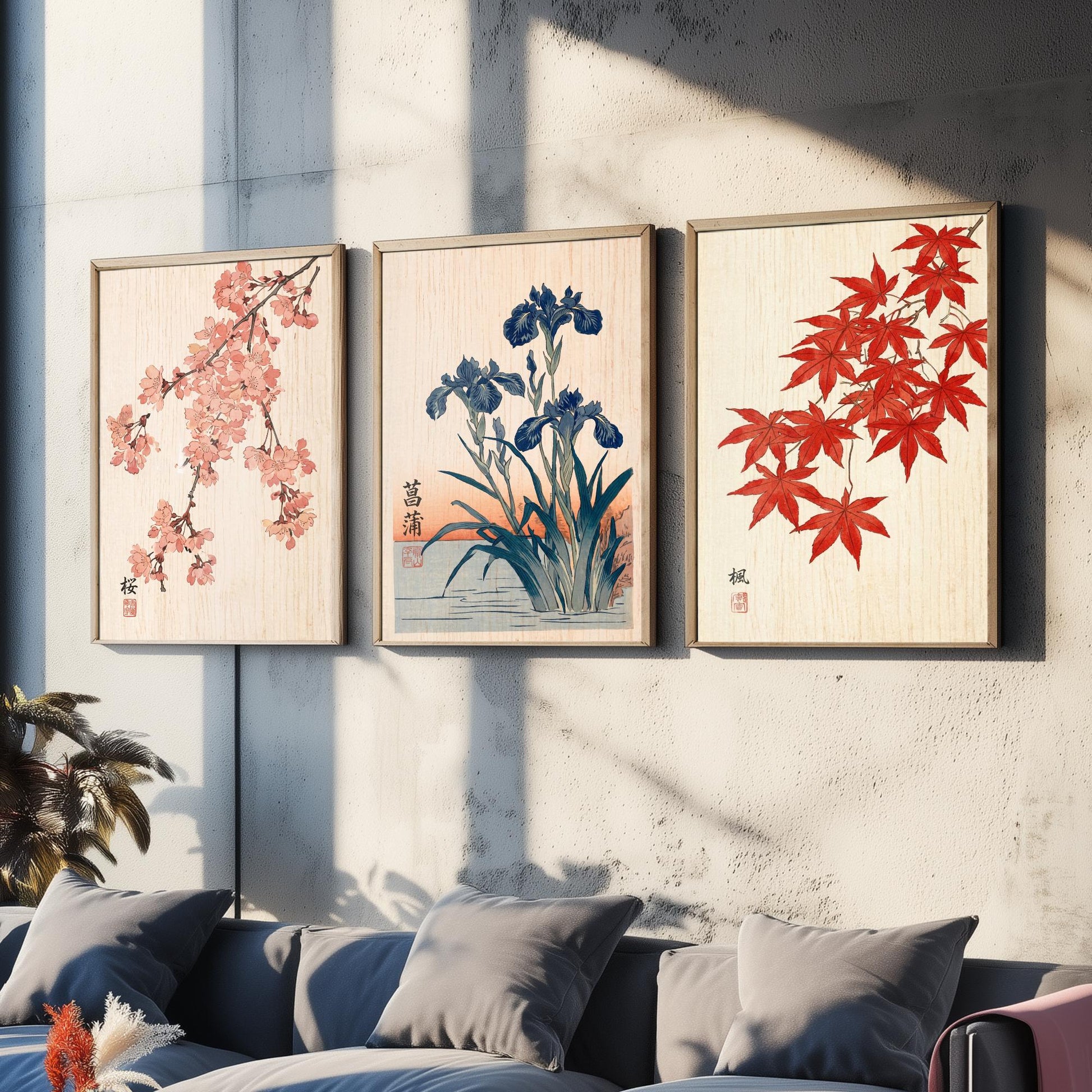 Japanese Botanical Set of Three Art Prints - Cherry Blossom, Iris, Red Maple - Woodblock Style Posters - Japandi Wall Decor V1