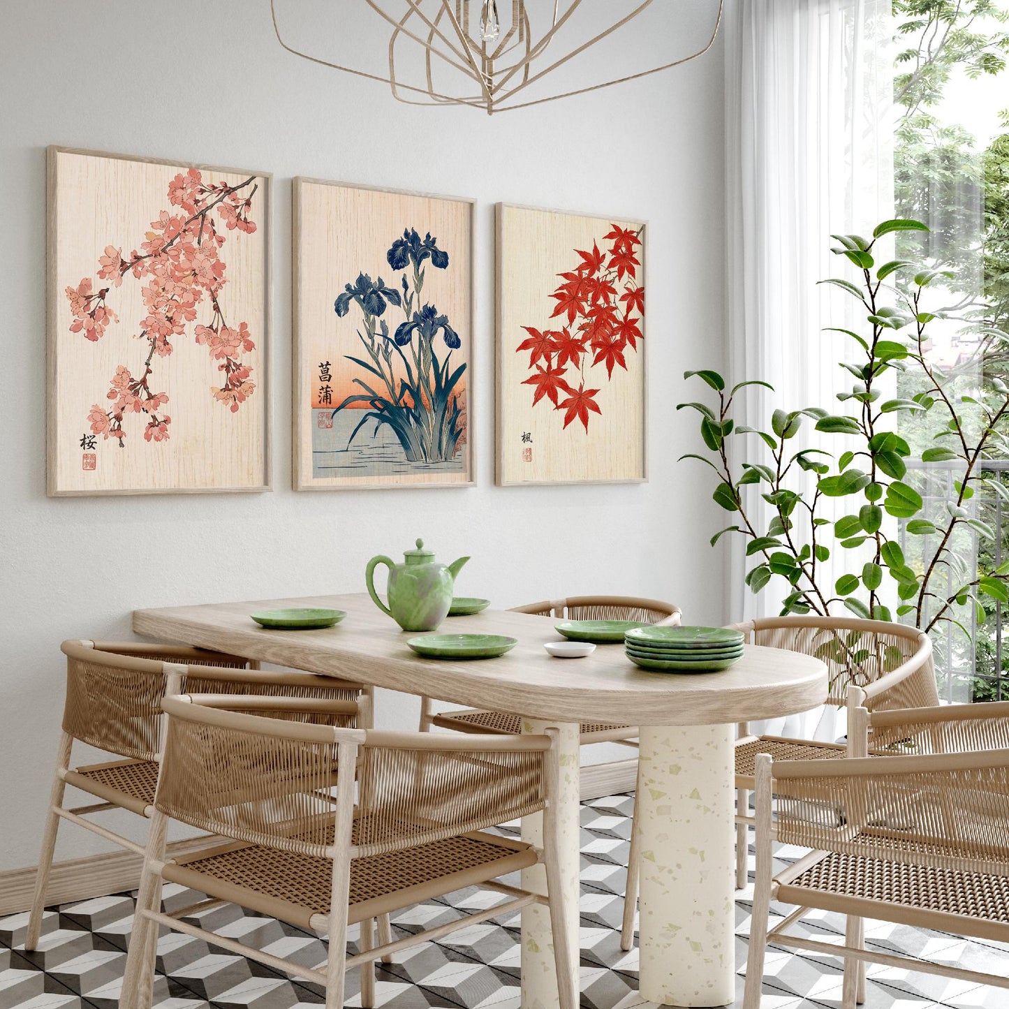 Japanese Botanical Set of Three Art Prints - Cherry Blossom, Iris, Red Maple - Woodblock Style Posters - Japandi Wall Decor V1