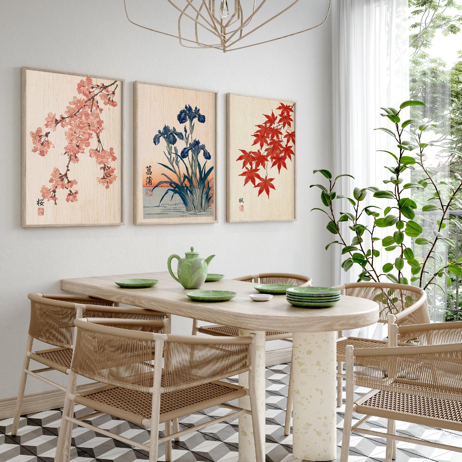 Japanese Botanical Set of Three Art Prints - Cherry Blossom, Iris, Red Maple - Woodblock Style Posters - Japandi Wall Decor V1