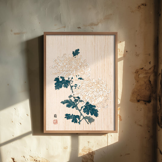 White Chrysanthemum Art Print - Japanese Woodblock Style Poster - Kiku Flowers with Blue Leaves V2 1/3