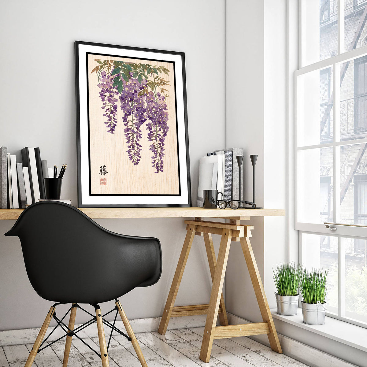 Wisteria Art Print - Japanese Woodblock Style Poster - Purple Hanging Fuji Blossoms V2 2/3
