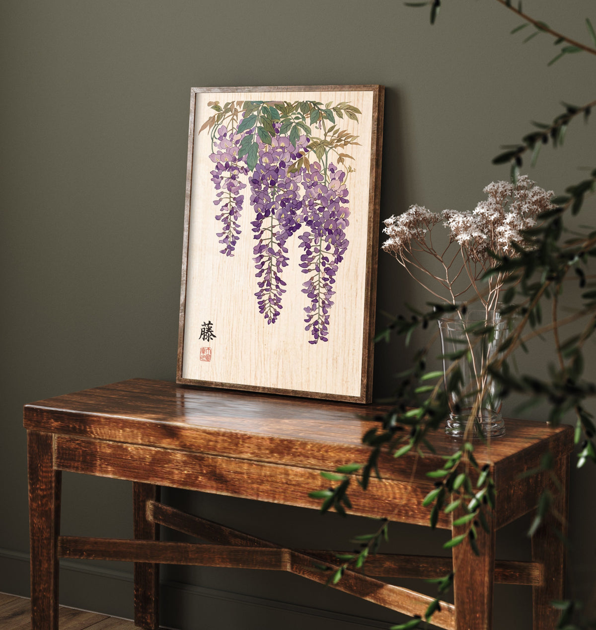 Wisteria Art Print - Japanese Woodblock Style Poster - Purple Hanging Fuji Blossoms V2 2/3