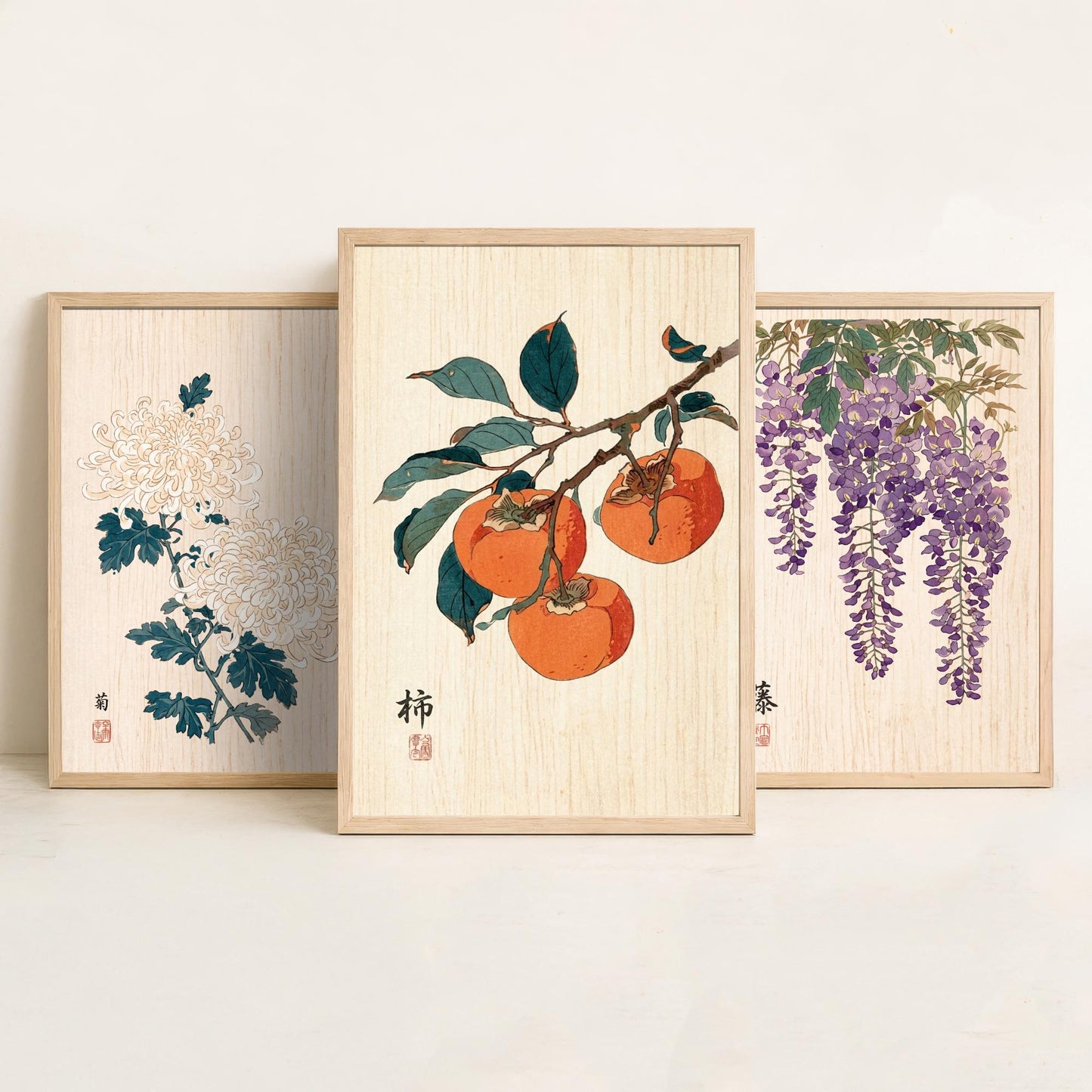 Japanese Botanical Set of Three Art Prints - Chrysanthemum, Wisteria, Persimmon - Woodblock Flower Posters - Zen Wall Decor V2