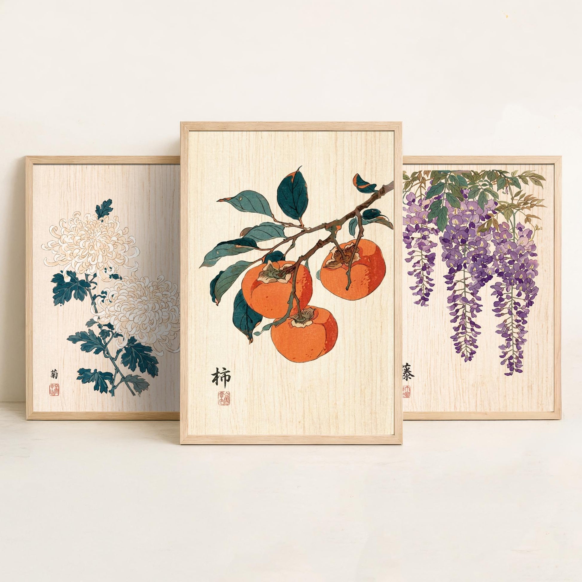 Japanese Botanical Set of Three Art Prints - Chrysanthemum, Wisteria, Persimmon - Woodblock Flower Posters - Zen Wall Decor V2